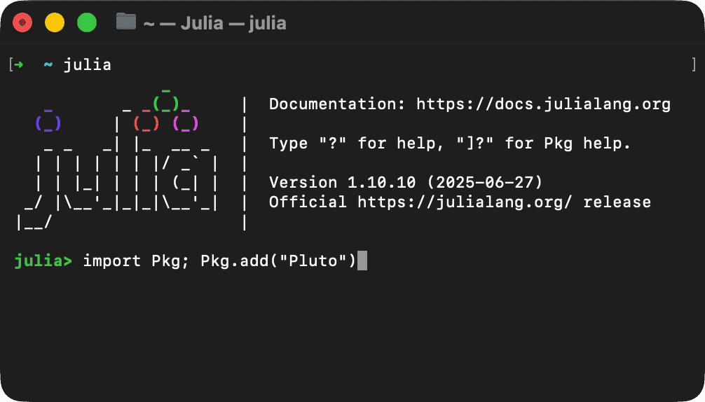 screenshot of the Julia REPL running the command import Pkg; Pkg.add("Pluto")